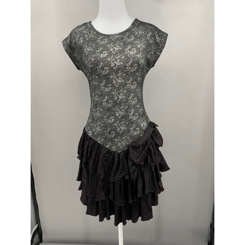 Steppin Out Vtg 80s 90s Dress Medium Metallic Ruffle Basque Waist Black Grunge